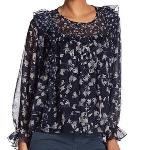 Lucky Brand Sheer Printed Tassel-Detail Top Floral Blue Size M $89